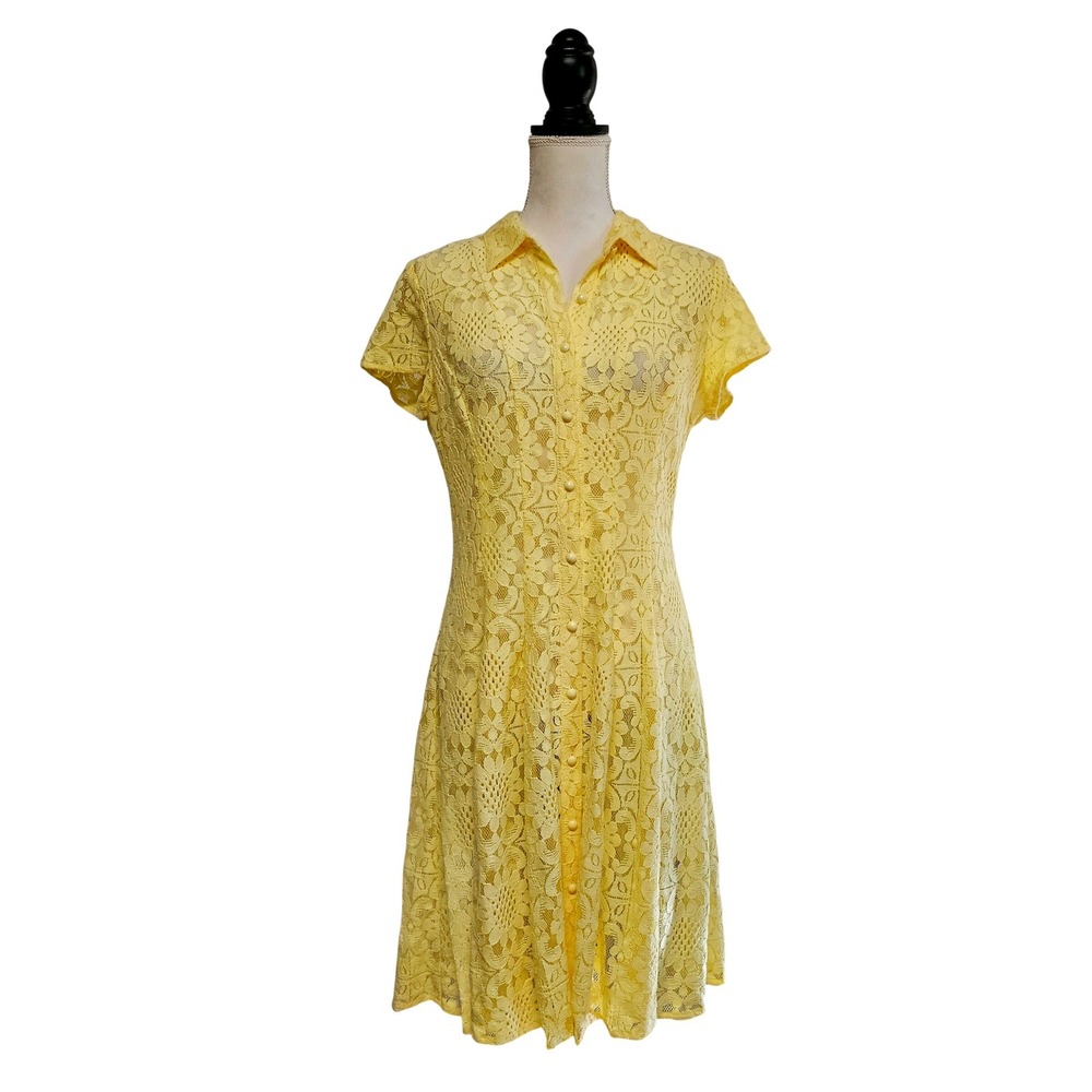 Sheer Pastel Yellow Floral Lace Button Front Dress Size 8 Romantic Coquette